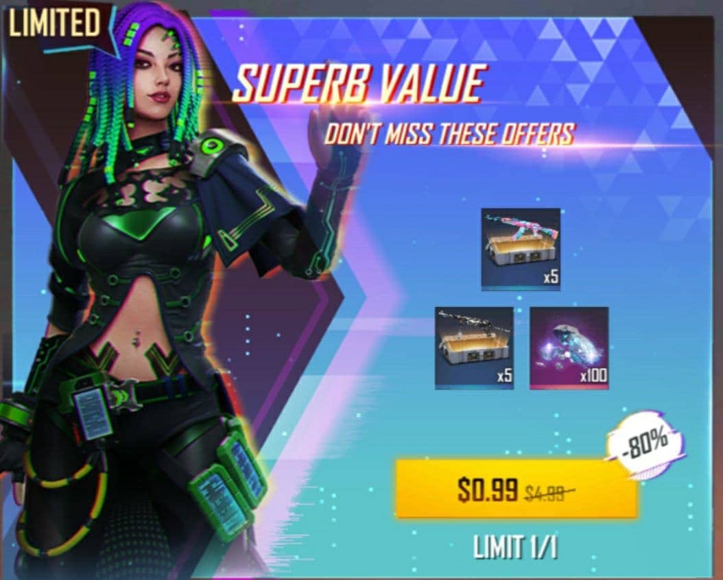 آفر 0.99 دلاری SUPERB VALUE (کاراکتر سبز) فری فایر (Free Fire)