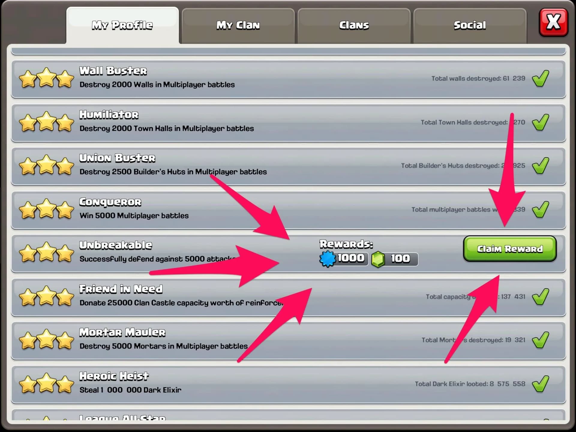 جم رایگان کلش آف کلنز: تکمیل دستاوردها (Achievements)