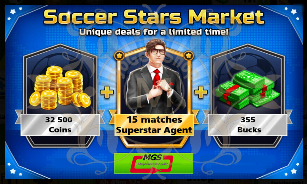 ایونت Soccer Stars Market (شامل ۳۵۵ دلار، ۱۵ بازی با مربی سوپر استارز، ۳۲۵۰۰ سکه)