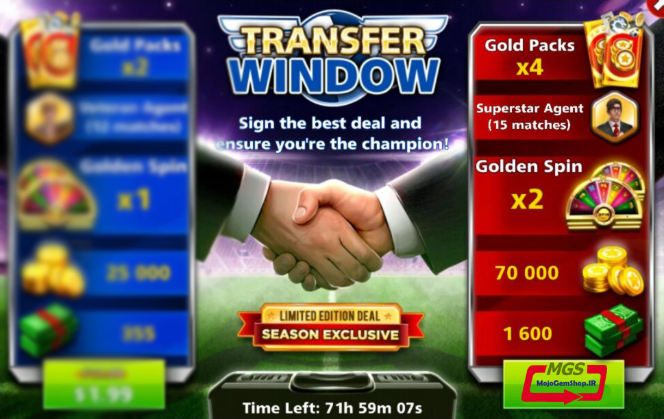 ایونت TRANSFER WINDOW بازی ساکر استارز (۸۰۰ دلار، ۳ گلدپک، ۱۲ مربی وترن، ۱ اسپین و۷۰۰۰۰ سکه)