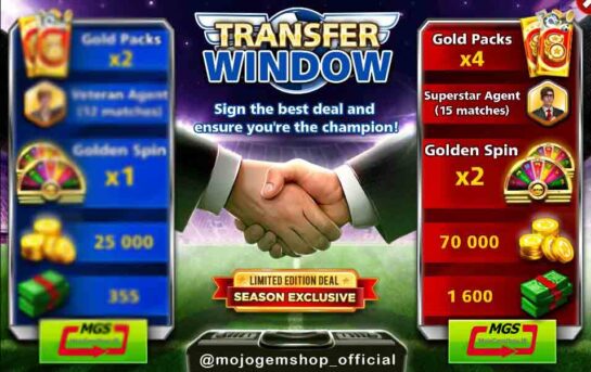 ایونت Transfer Window (شامل ۴ گلد پک، ۱۶۰۰ دلار، ۱۵ مربی سوپراستارز، ۲ گلدن اسپین و ۷۰ هزار سکه)